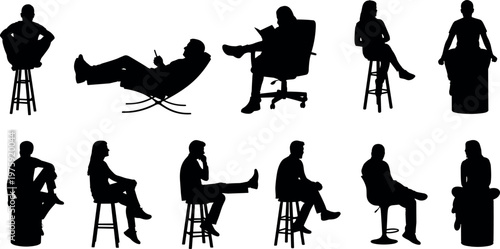 Set of black silhouettes of people sitting in various chairs and stools in diverse relaxed and professional poses for design.