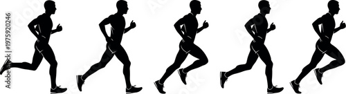 Side View Silhouette Set of a Male Athlete Running Fast in Motion Sequence Isolated on White Background for Sports Design
