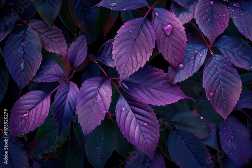 Close up of vibrant purple leaves adorned with glistening dewdrops, creating a captivating display of nature's beauty