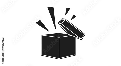 Surprise Gift Box Icon, Open Package with Rays, Black and White Vector Art