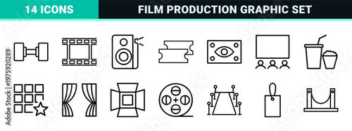 Movie cinema and entertainment linear icons set