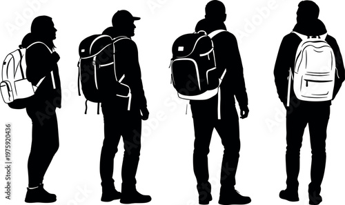 Black silhouette set of diverse people with backpacks standing and walking for travel, hiking, outdoor adventure, and commuting lifestyle concepts.