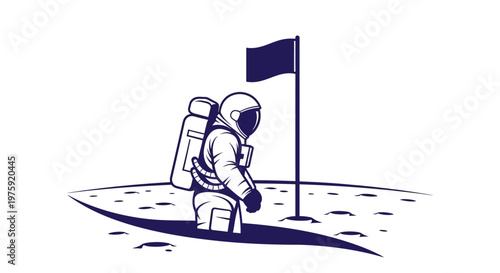 Astronaut standing on moon surface near flag, space exploration concept