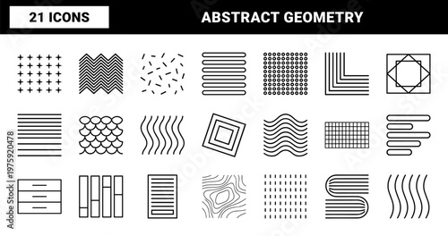 Minimalist brutalist geometric shapes and linear pattern icon set