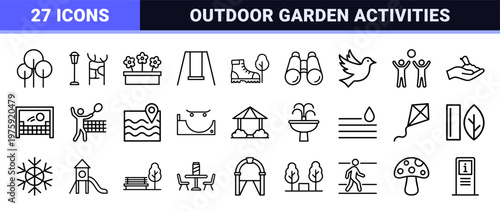 Minimalist city park and recreation line icon set