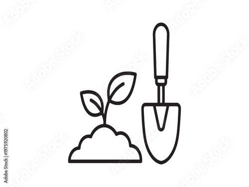 Gardening tools and sprout a black and white line art illustration