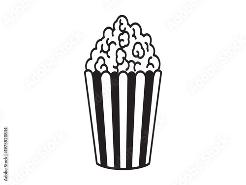 Black and white illustration of a striped popcorn container overflowing with kernels