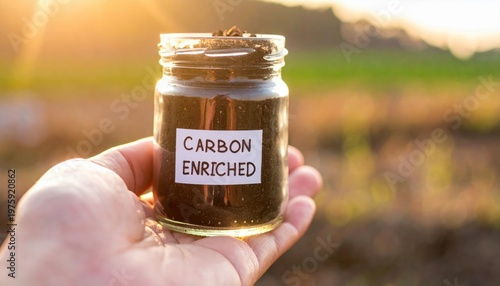 Carbon capture concept, Hand holding a jar labeled 