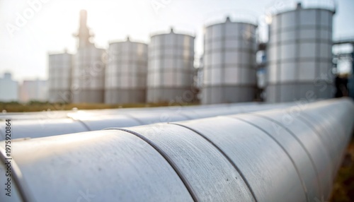 Carbon capture concept, Industrial metal storage tanks and pipelines in a factory setting