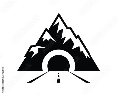 Black mountain tunnel silhouette logo icon, minimal vector illustration featuring mountain shape with tunnel entrance, ideal for travel, transport, construction, and infrastructure design projects.