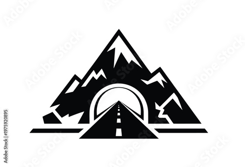 Black mountain tunnel silhouette logo icon, minimal vector illustration featuring mountain shape with tunnel entrance, ideal for travel, transport, construction, and infrastructure design projects.