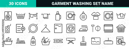 Minimalist laundry and clothes washing line icon set
