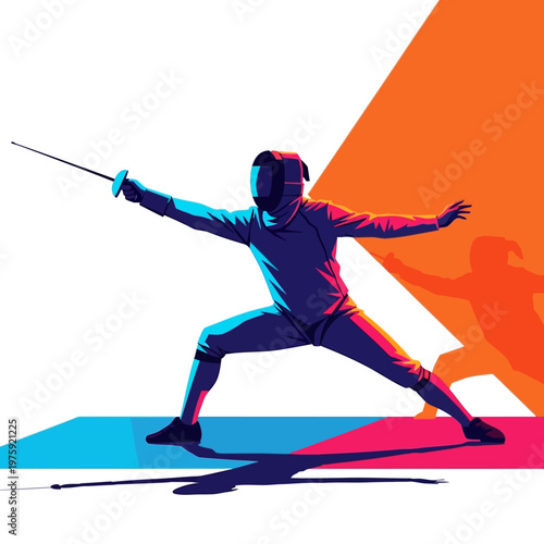 Fencer in action, dynamic pose, sharp sword, colorful modern illustration, sport concept