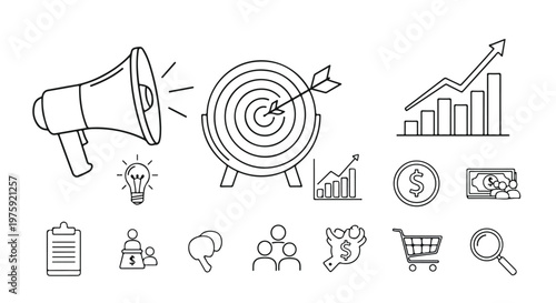Business icons, marketing symbols, target audience graphics, financial charts