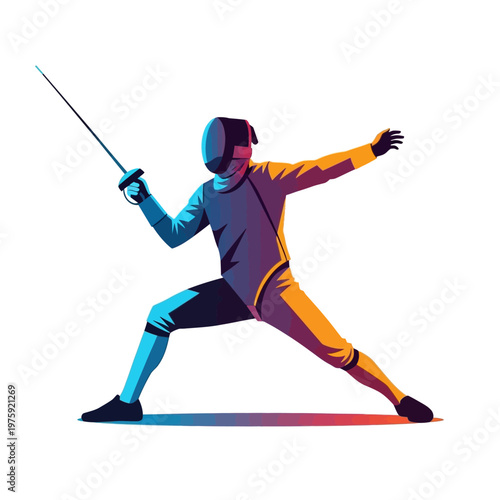 Fencer in action, dynamic pose, sword sport, competitive athlete, vibrant colors