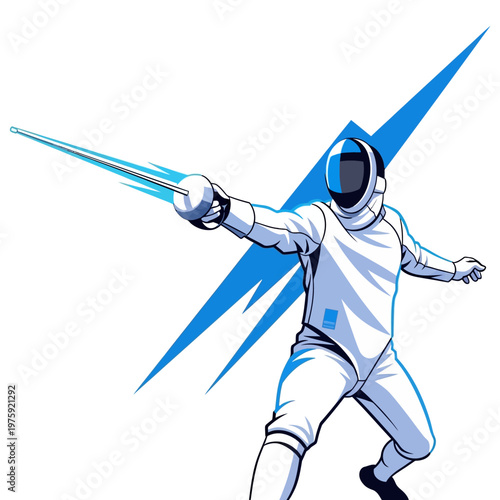 Fencer in Action, Dynamic Sword Strike, Sport Competition, White Background