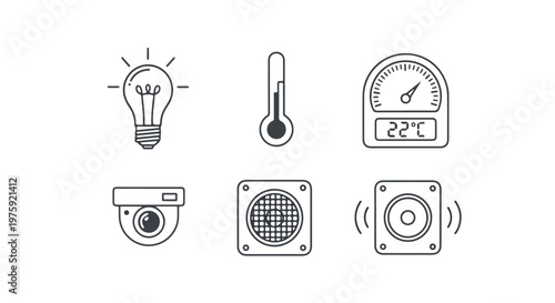 Smart home automation icons set, modern line art technology symbols, security camera and thermostat vector elements for house control interface