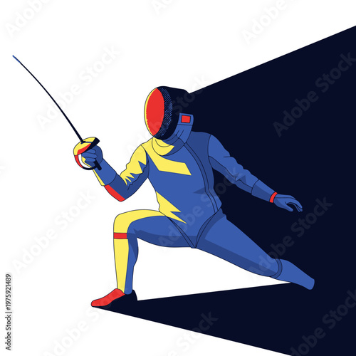 Fencer in blue and yellow uniform lunging with sword, dynamic action pose, sport illustration
