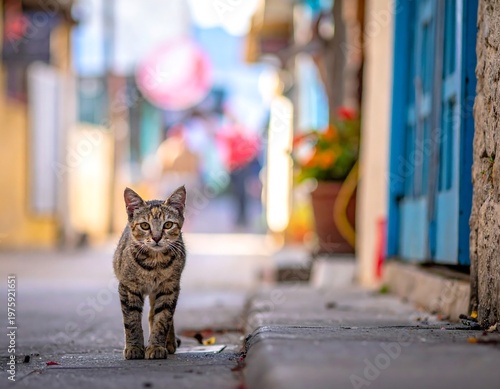 Cat walks towards camera on a city street, blurred background