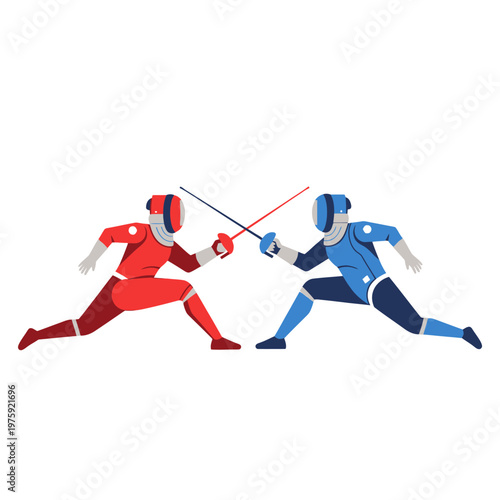 Fencing duel illustration: red vs blue competitors in action, sport concept