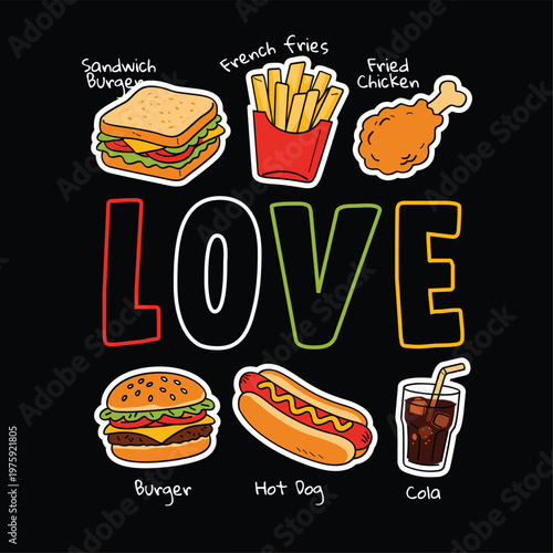 Hand-Drawn Love Word with Fast Food Stickers