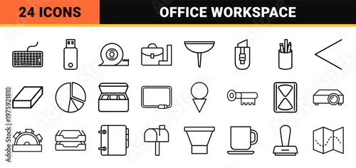 Minimalist outline office workspace and business stationery icons