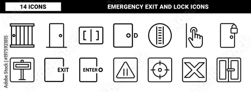Minimalist door access and security outline icons for wayfinding and architectural signage