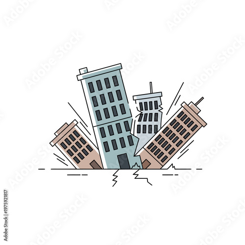 Damaged Buildings After Earthquake, City Destruction, Natural Disaster Illustration