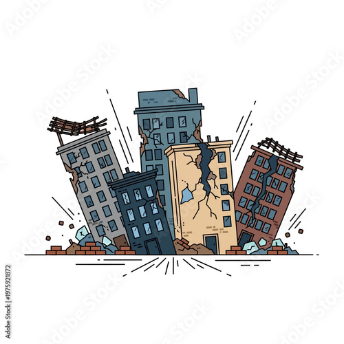 Damaged buildings after earthquake disaster, illustration of destruction and crisis