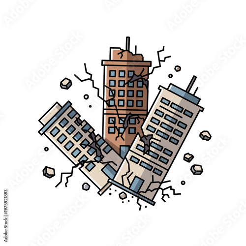 Damaged buildings after earthquake, illustration of destruction and disaster