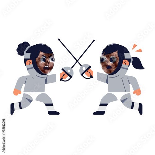 Two cartoon fencers in protective gear clashing swords during a match