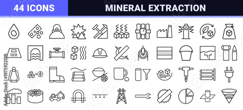 Minimalist coal mining and industrial extraction line icon set.