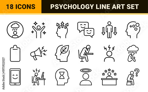 Minimalist mental health and emotions line icon set for psychological wellness