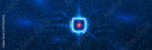 Quantum computing concept with glowing atom nucleus icon in center of digital circuit board grid and scientific matrix.
