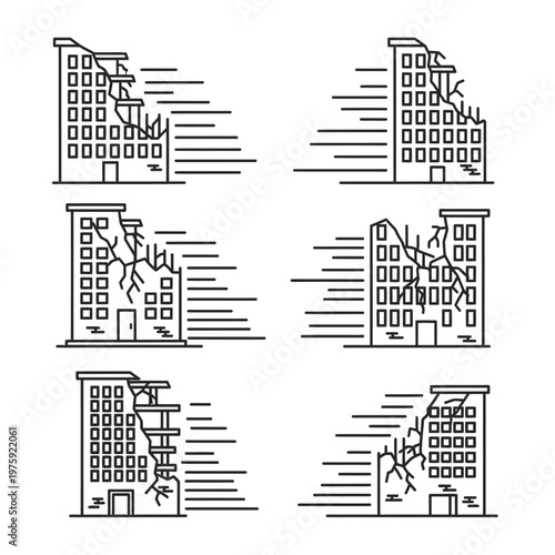 Damaged Buildings Icons Set, Earthquake Destruction, Urban Disaster Line Art