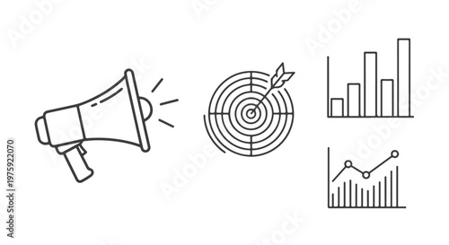 Business icons, marketing symbols, target audience, megaphone announcement, statistics graphs