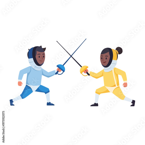 Two children fencing with swords, cartoon style, isolated on white background