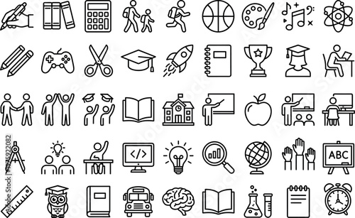 education and school icon set, back to school learning and university study collection, line art academy and science symbols on transparent background