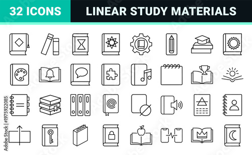Minimalist outline book and education icon collection in black line art style.