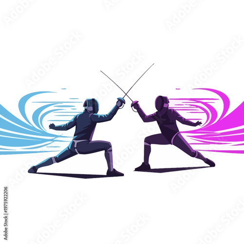 Two Fencers Duel With Swords, Dynamic Energy Waves, Sport Competition