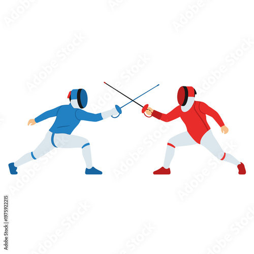 Two Fencers in Action, Blue vs Red Uniforms, Sword Fight Competition, Sport Illustration