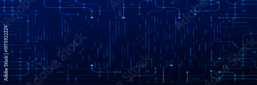 Abstract futuristic landscape with digital lines network and glowing blue particles raining down on dark background.