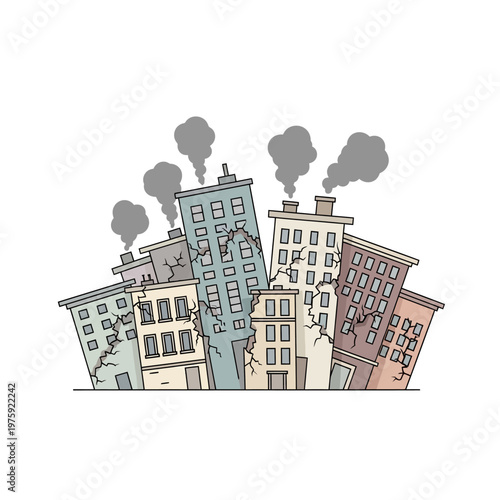 Damaged buildings with cracks and smoke, symbolizing disaster or urban decay