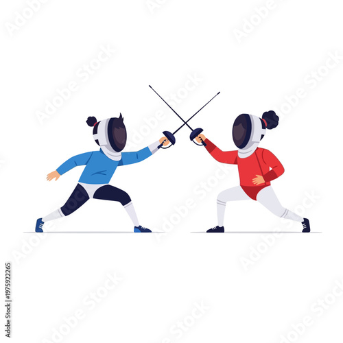 Two Fencers in Action, Clashing Swords on White Background, Sport Competition
