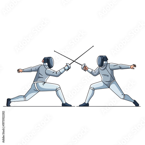 Two Fencers in Action, Crossed Swords, Competitive Sport Illustration