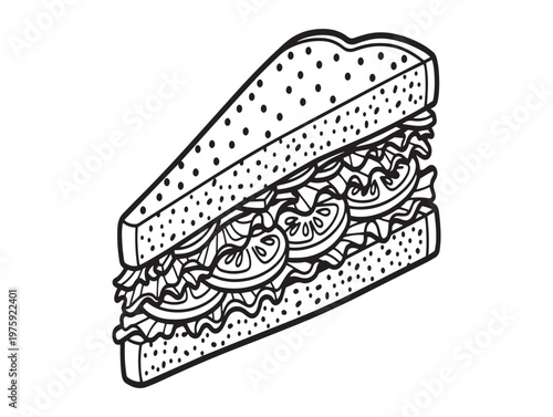 Black and white illustration of a triangle cut sandwich with visible fillings