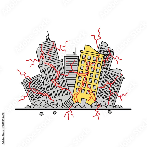 Damaged City Buildings After Earthquake, Cracks and Debris