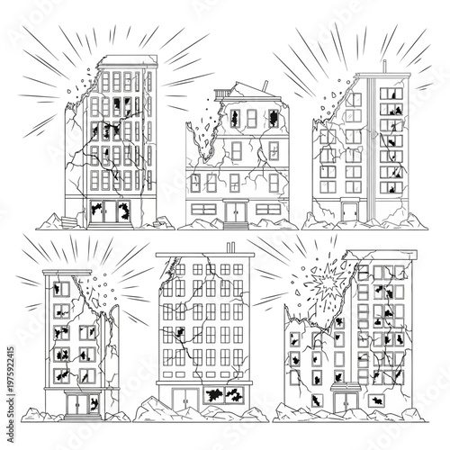 Damaged Buildings Illustration - Earthquake Destruction Concept