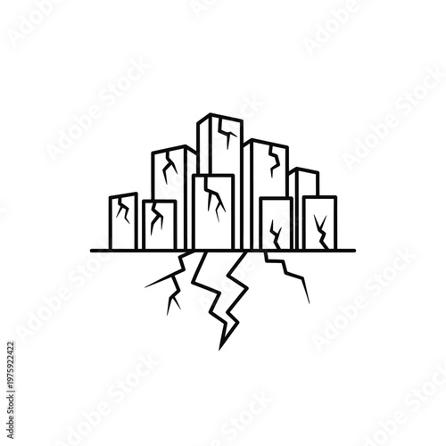 Damaged city skyline icon, cracked buildings and earthquake fissures on white background