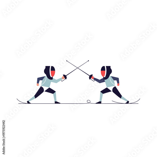 Two Fencers in Protective Gear Duel with Swords on White Background
